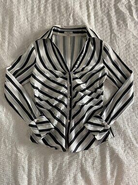 Caché Black, White, and Silver Striped Button Down Blouse